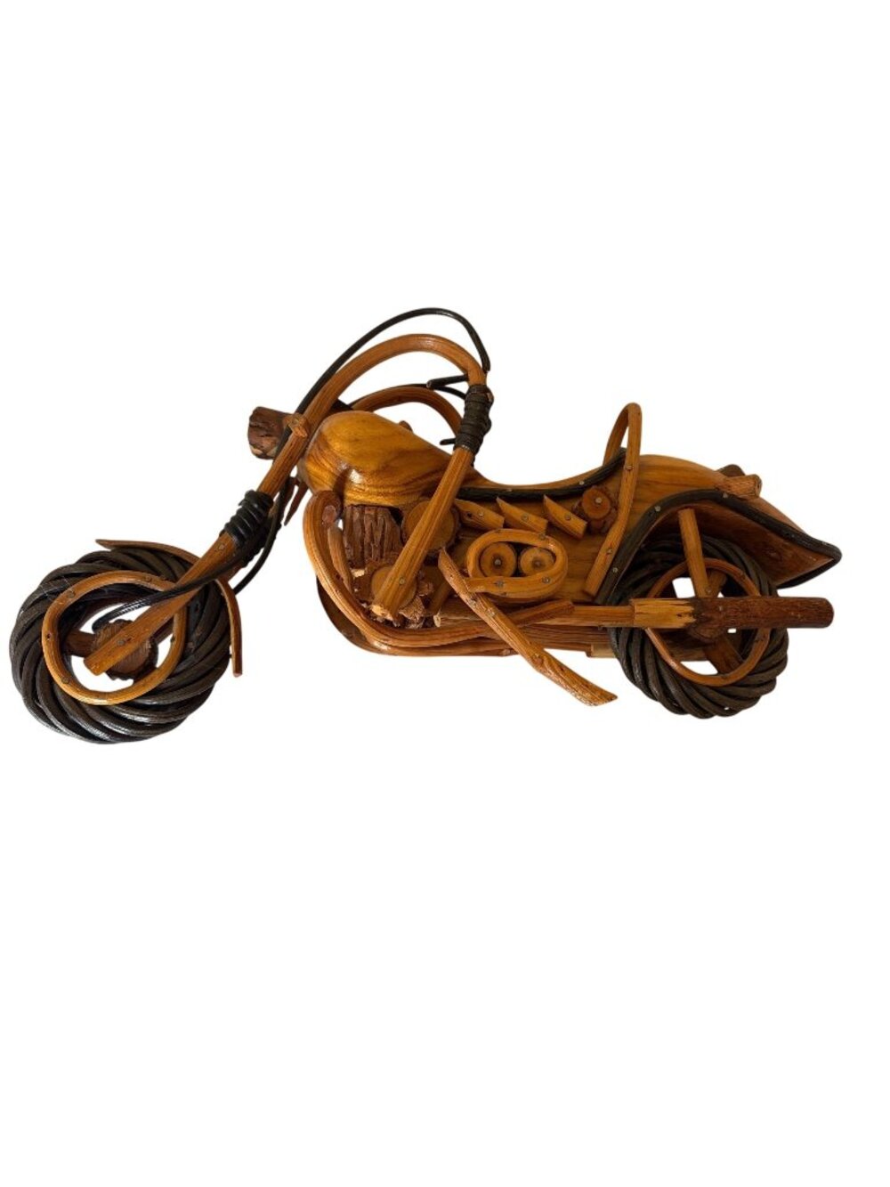 Vintage Wooden Motorcycle Sculpture Natural Finish Intricate Detail Handcrafted